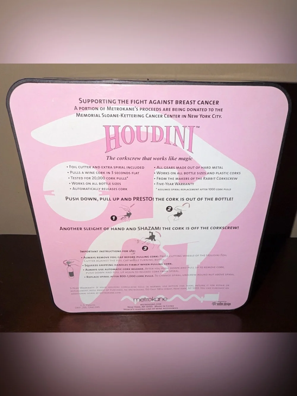 Houdini Pink Lever Corkscrew Foil Cutter & Spare Spiral Included. Original Box.